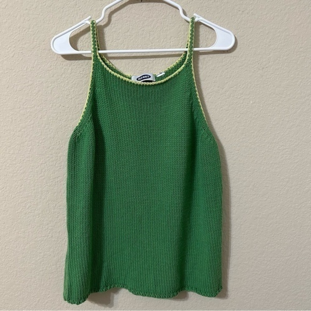 Old Navy Tank Top Sweater Knit Green Yellow Trim Scoop Neck Comfy Trendy